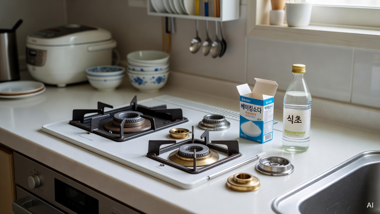 gas stove burner parts disassembled on white kitchen counter with baking soda and vinegar nearby