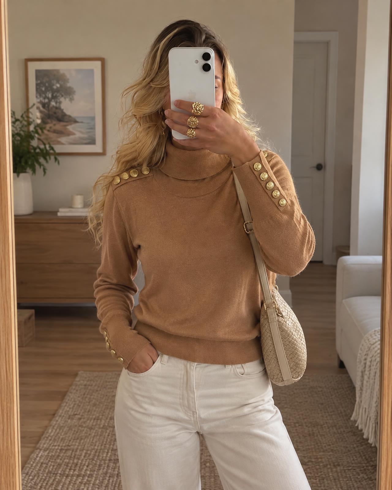 Holland Cooper Camel Roll Neck Jumper Gold Buttons New