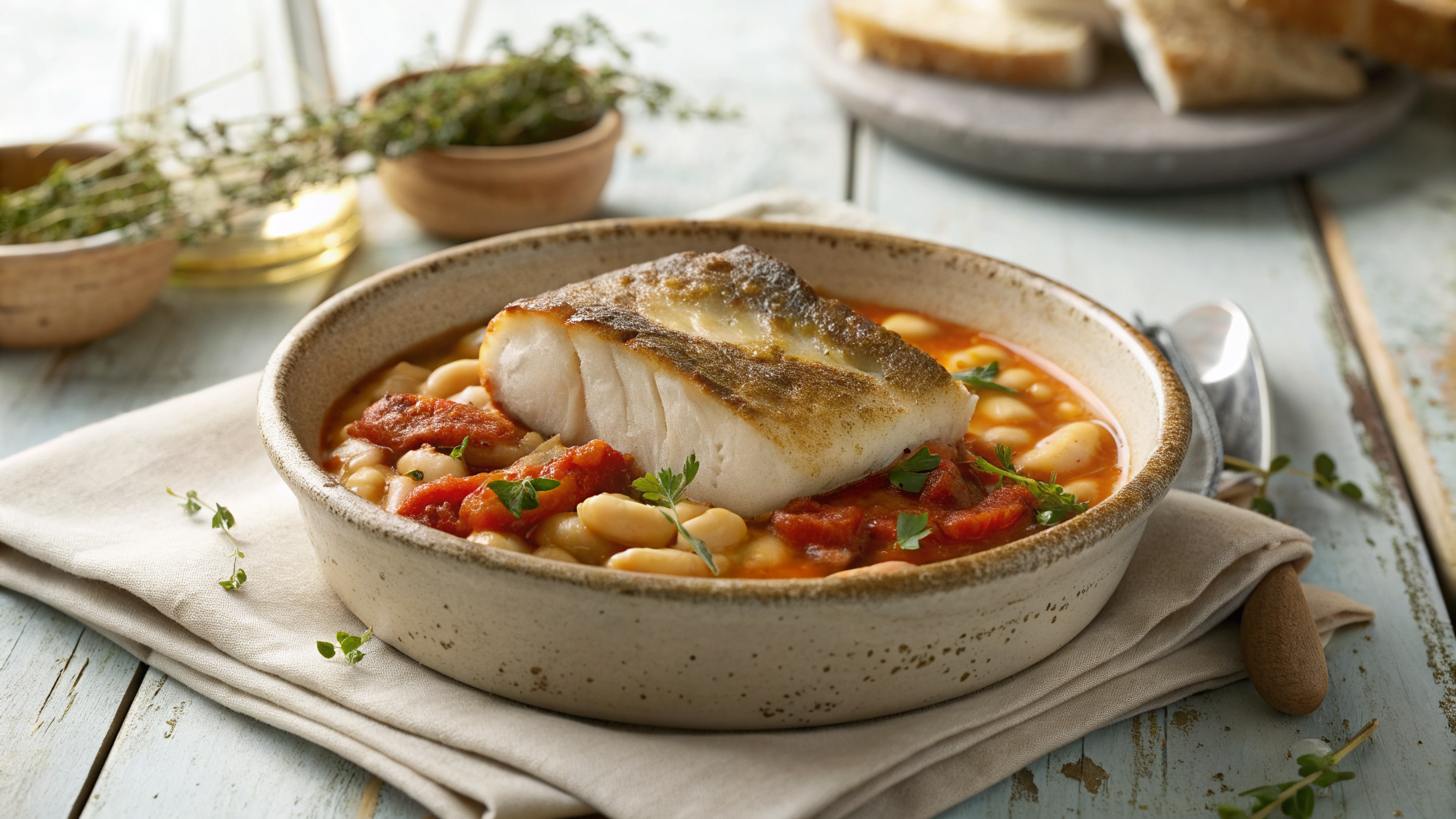 Pan-fried hake fillet with white bean and chorizo broth in a rustic bowl, garnished with thyme, with crusty bread on the side.