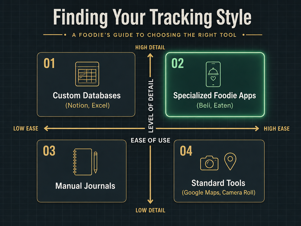 A strategic matrix comparing food tracking methods like Notion and Beli based on ease of use versus the level of detail captured for travelers.