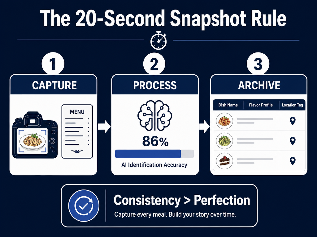 An infographic outlining a three-step workflow for tracking meals abroad: capturing photos, AI processing, and archival in a personal database.