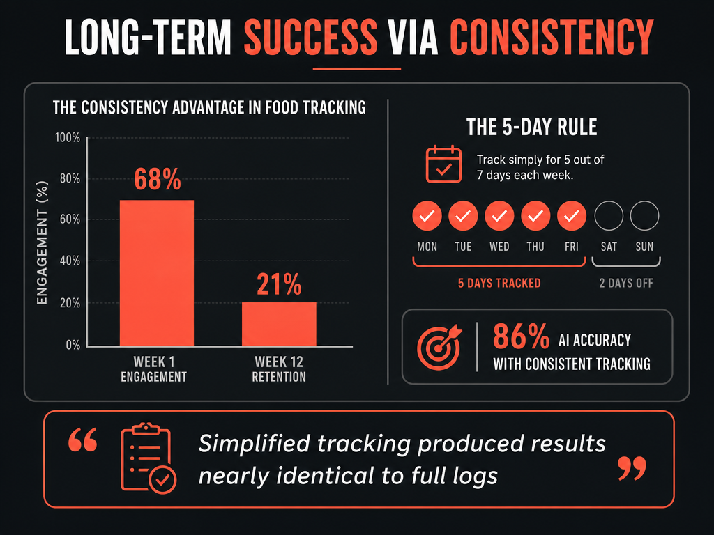 A bar chart showing the drop-off in food tracking over 12 weeks and highlighting the effectiveness of the 5-day consistency rule for foodies.