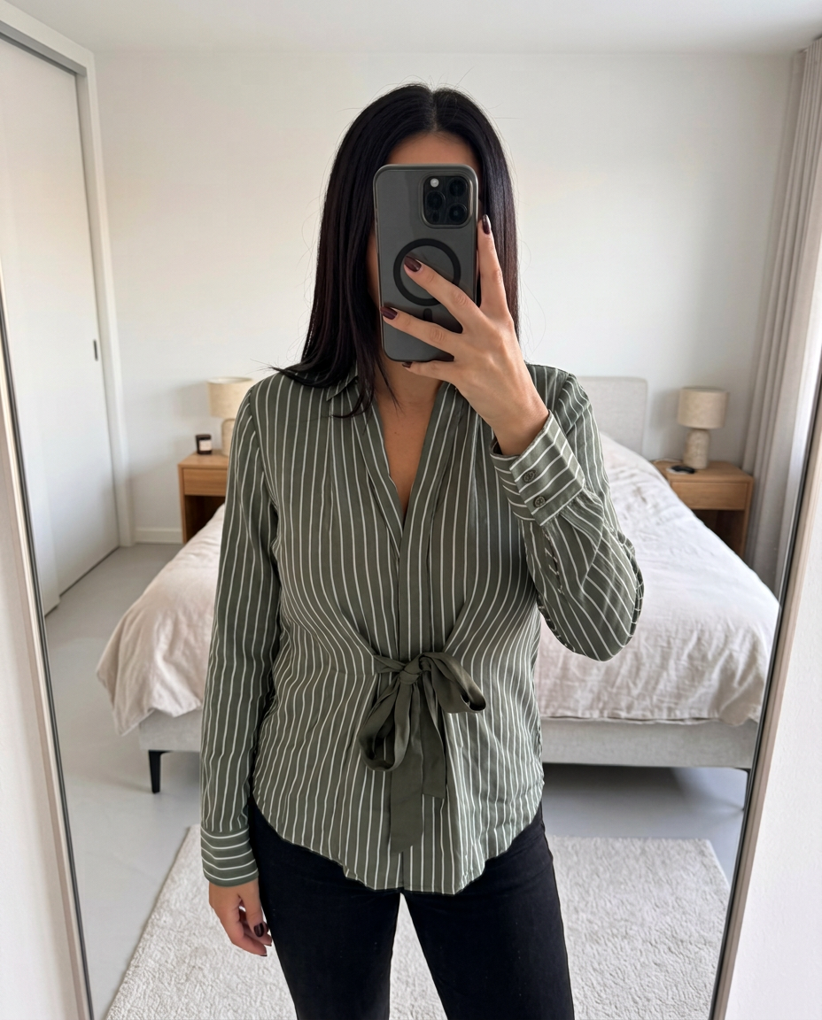 Olive Striped Wrap Blouse with Tie Front – Very Good