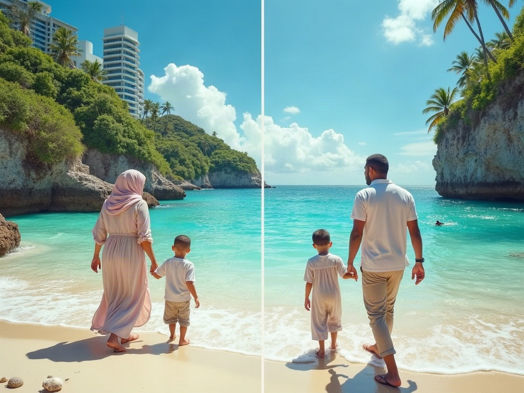 Infographic contrasting crowded resort beaches with serene hidden gem beaches, highlighting differences in density, cost, and local interaction.
