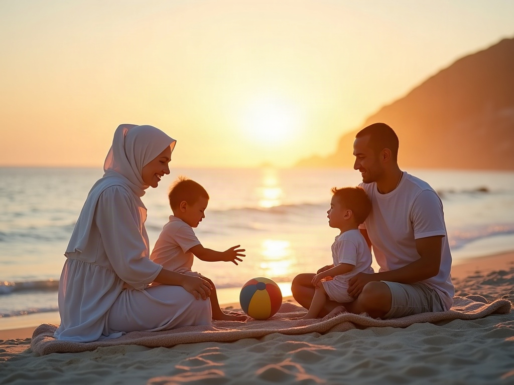 A family enjoying a spacious, peaceful beach without other tourists, emphasizing privacy and relaxation.