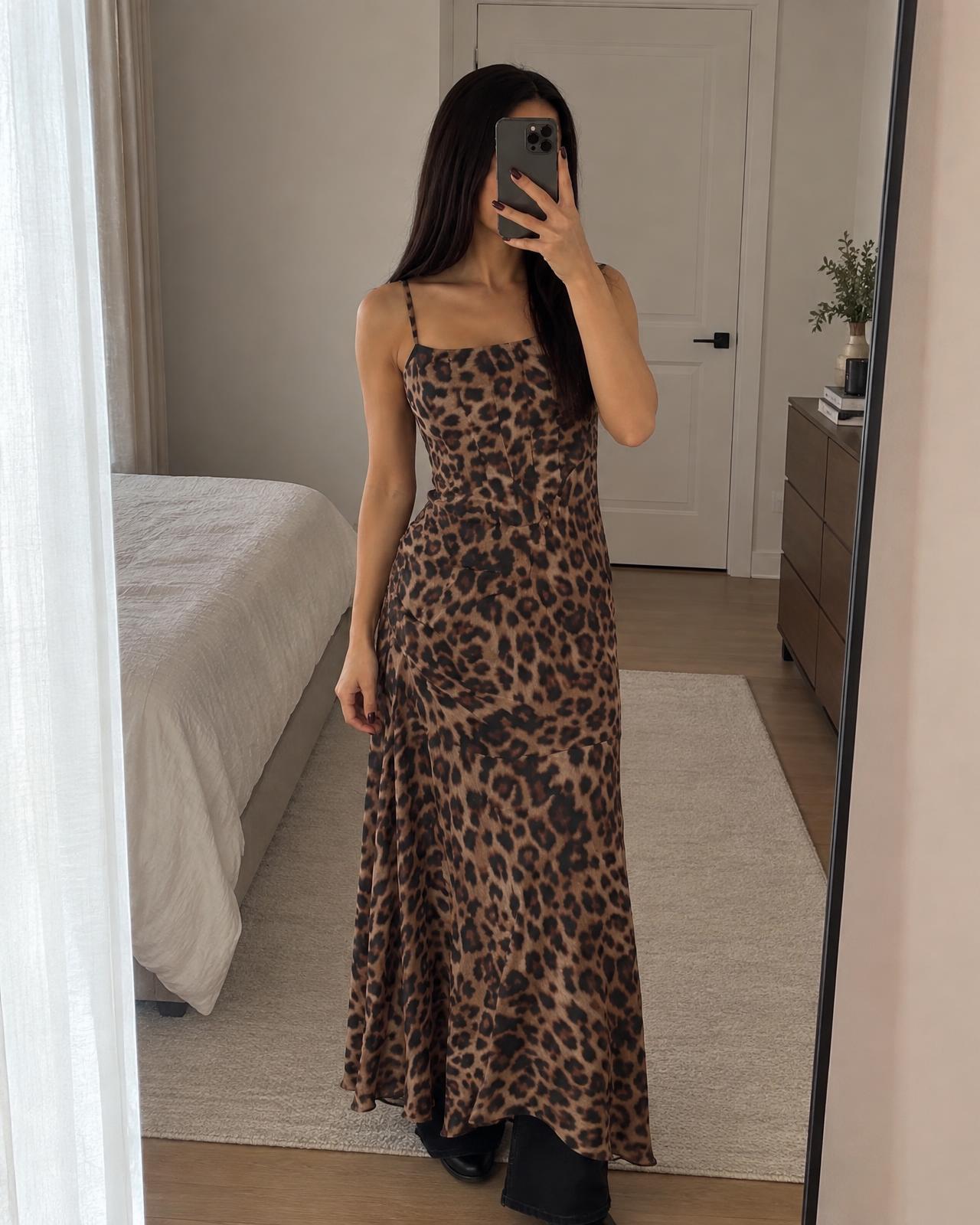 Leopard Print Satin-Feel Maxi Slip Dress