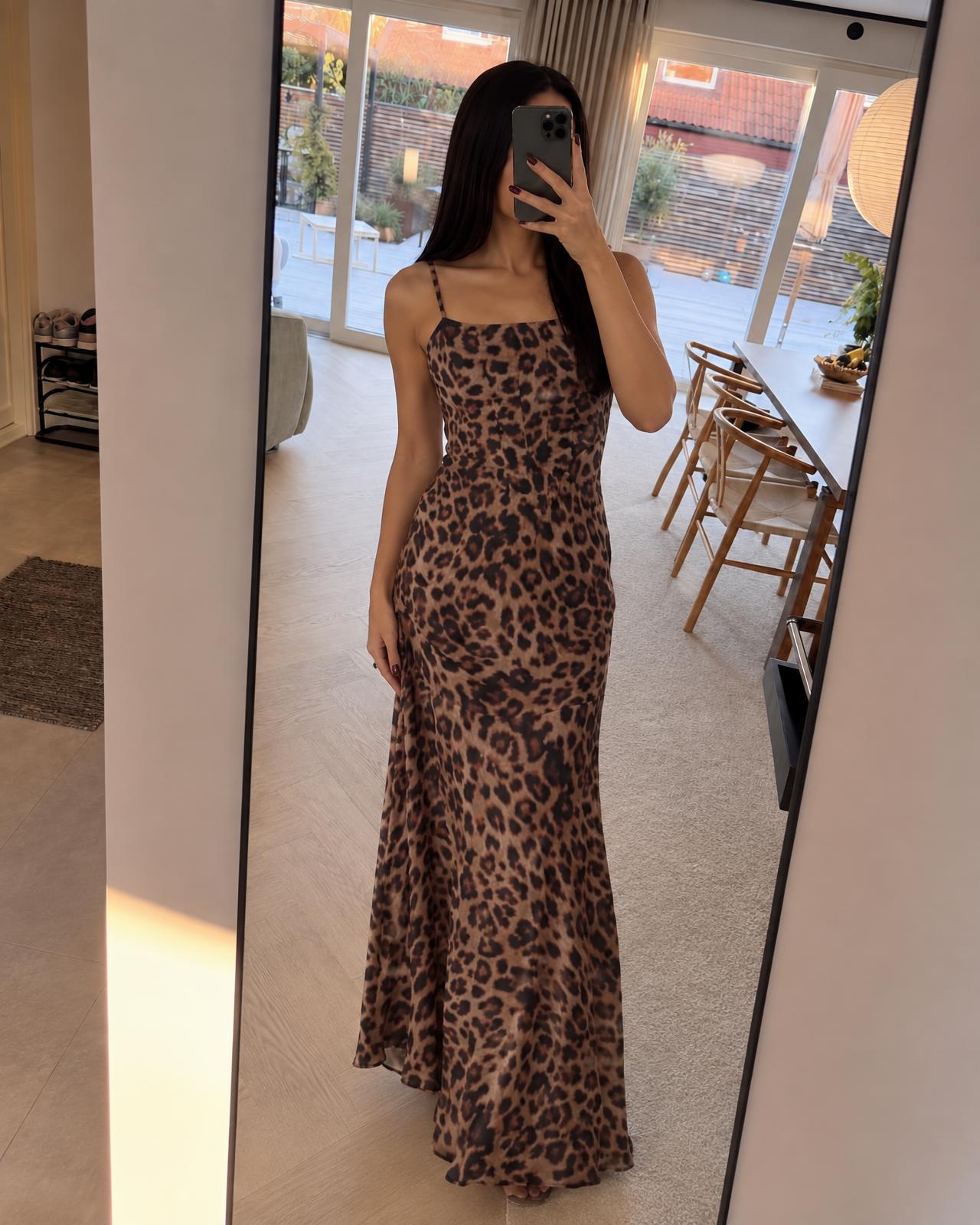 Leopard Print Maxi Slip Dress – Strappy Fitted Fit