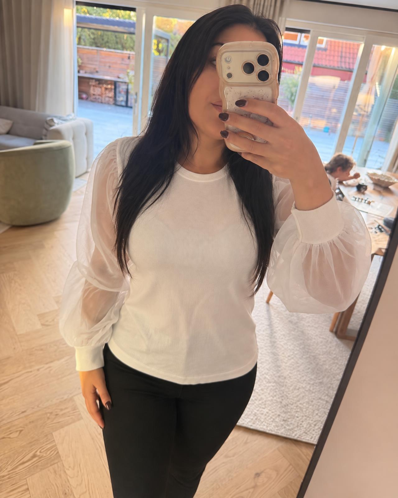 Levi's White Ribbed Top with Sheer Puff Sleeves