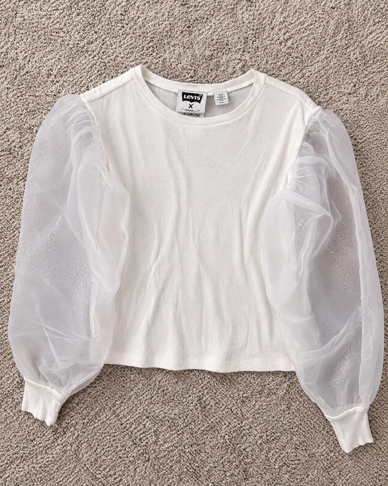 Levi's Ivory Ribbed Top with Sheer Puff Sleeves