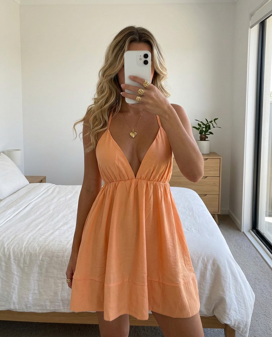 Peach Orange Strappy Midi Dress with Deep V-Neck