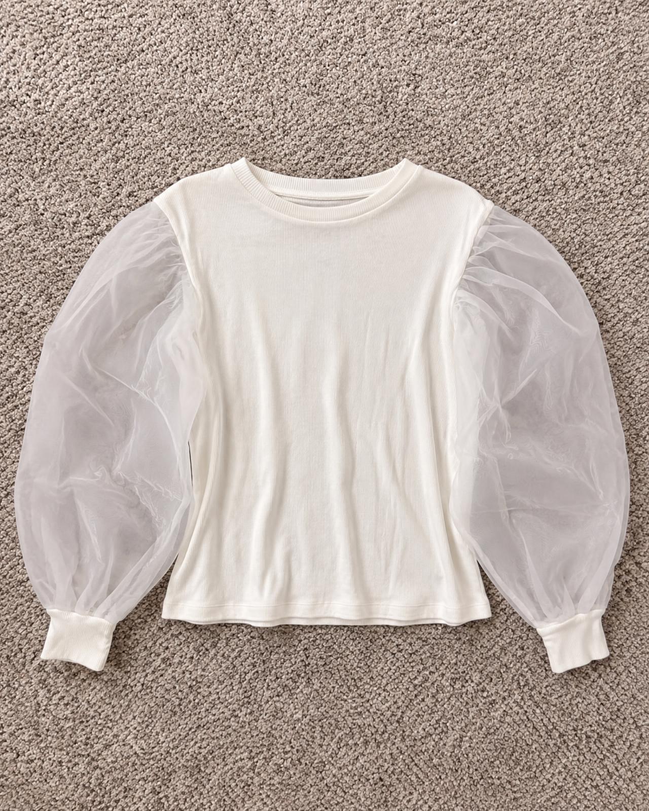 White Ribbed Top with Sheer Puff Sleeves – Very Good