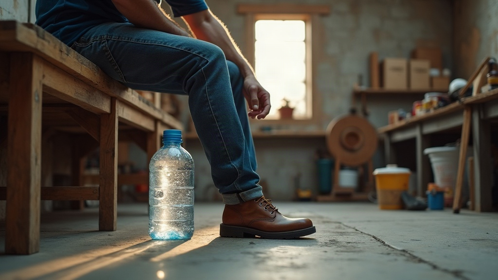 Construction worker icing heel with frozen water bottle after work