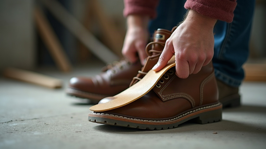 Inserting orthotic insole into work boot for heel spur relief