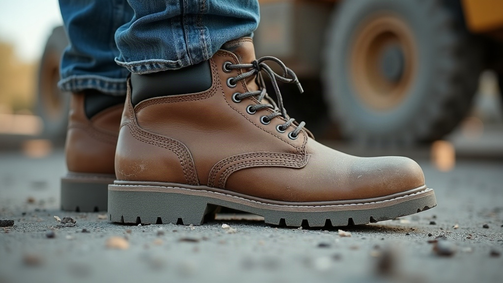 Construction worker heel spur pain on concrete jobsite