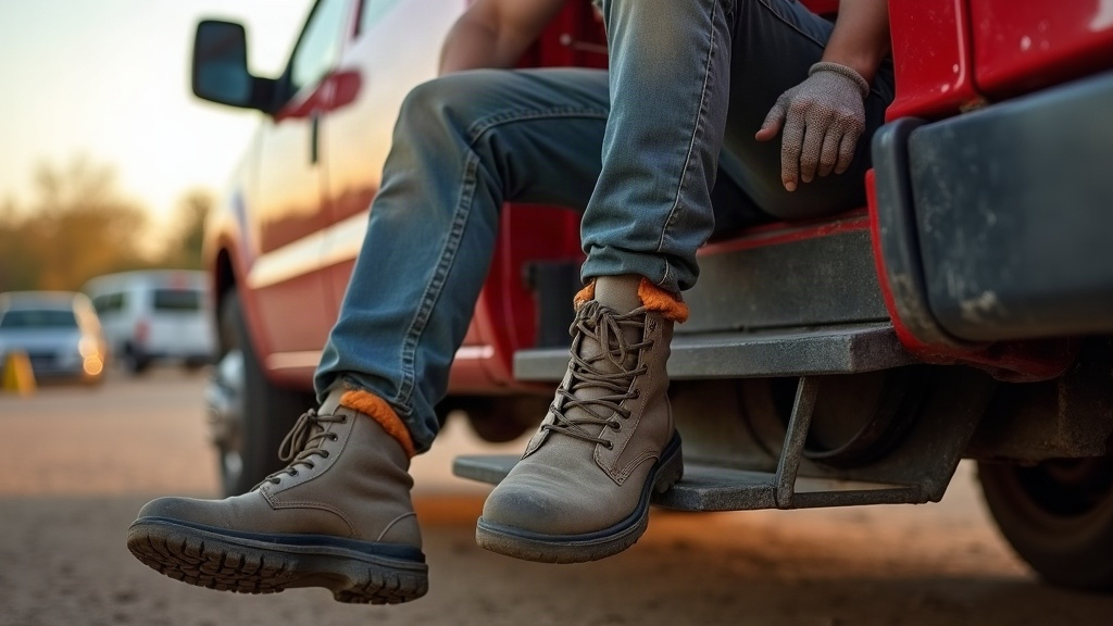 Construction worker doing a plantar fascia stretch on truck step before shift