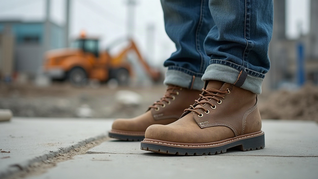 Construction worker standing on concrete with steel-toed work boots, heel spur pain on the job