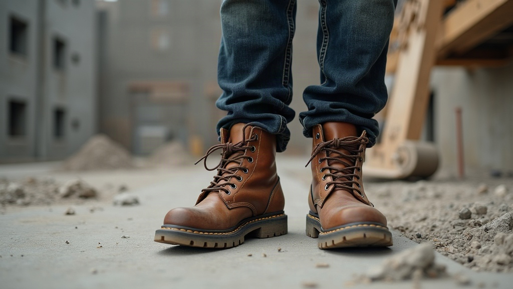 Trades worker standing on concrete with heavy work boots, nerve pain from standing all day