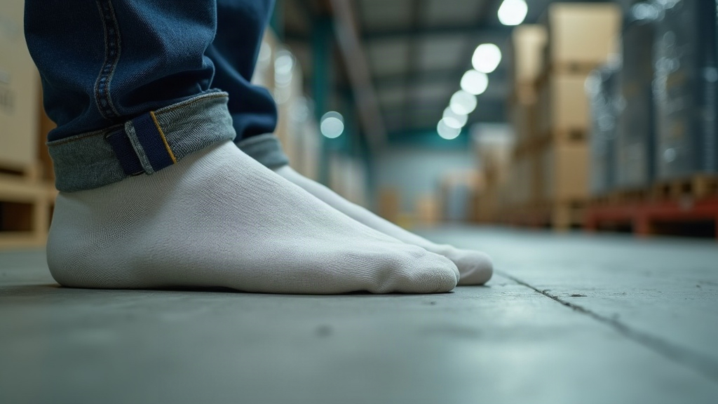 Worker's foot showing pressure on ball of foot after long shift on concrete