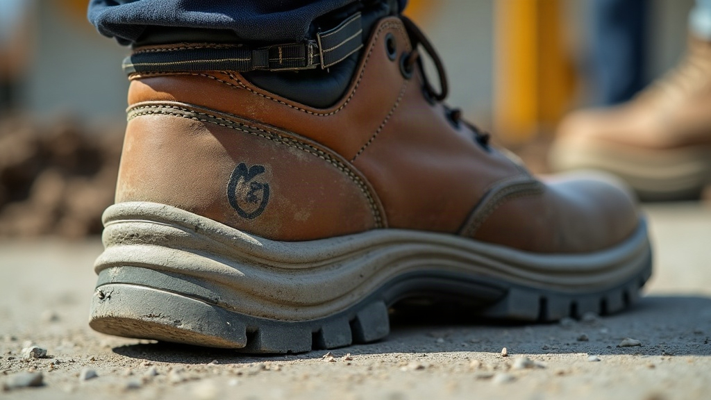 Worn construction boot with degraded heel cushioning on concrete