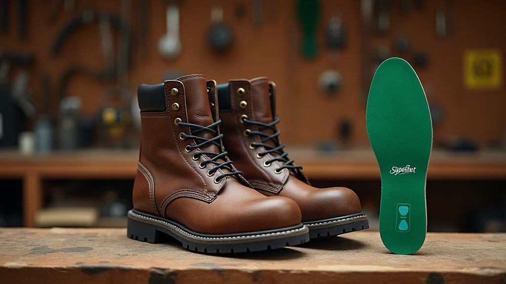Premium work boots with aftermarket arch support insole for lower back pain relief