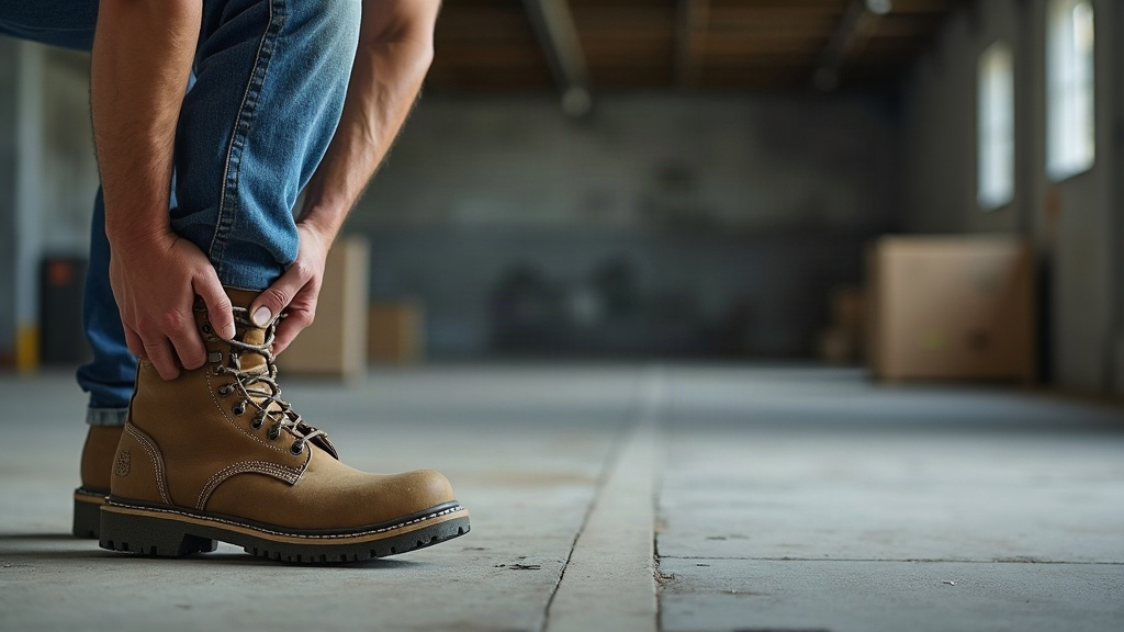 Worker with lower back pain from heavy lifting work boots