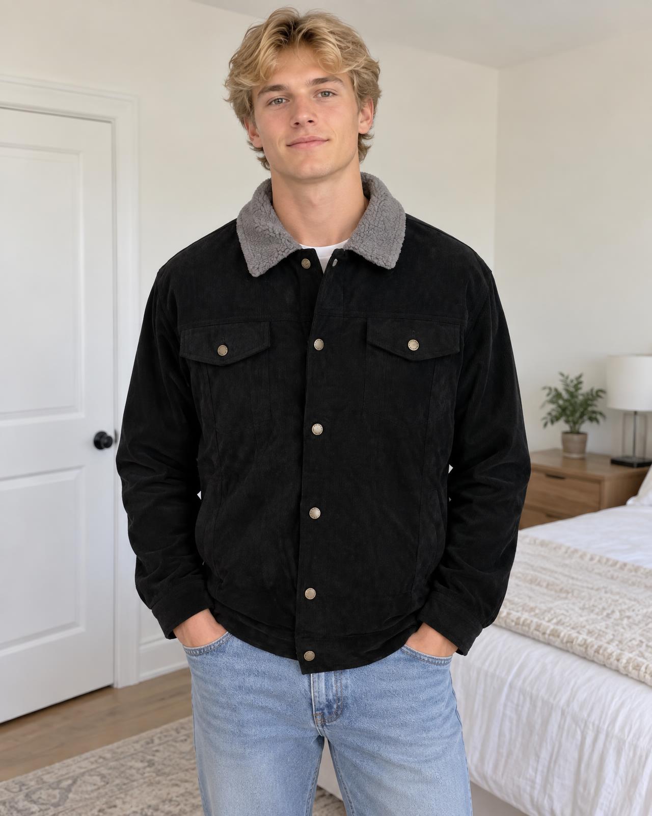 Black Corduroy-Style Jacket with Grey Collar
