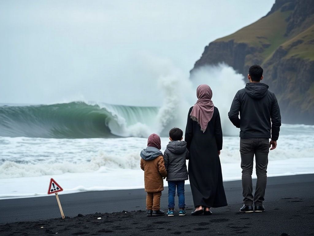 Children playing safely in shallow, calm waters of a black sand beach, with parents nearby.