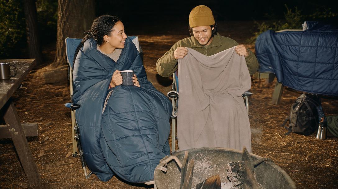 Camping blanket on damp grass showing water resistance