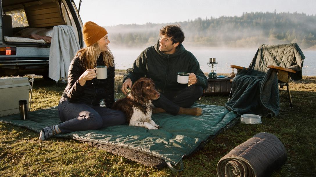 Heavy-duty camping blanket spread out on grass
