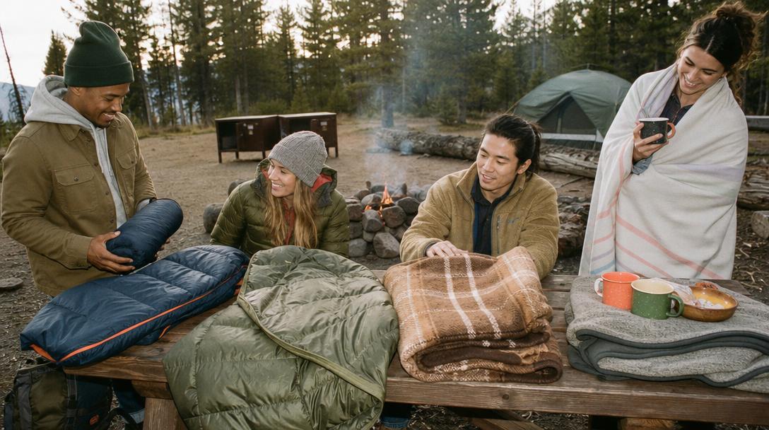 Campfire with sparks flying near camping blankets