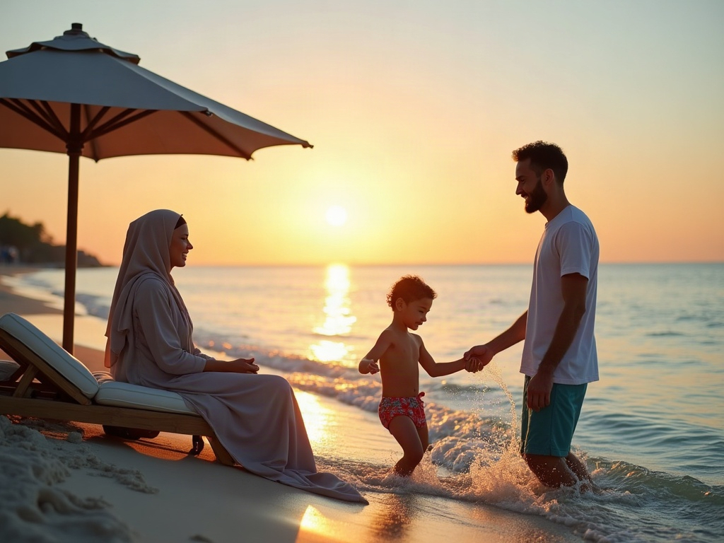 Multigenerational family enjoying accessible beach vacation with children and seniors.