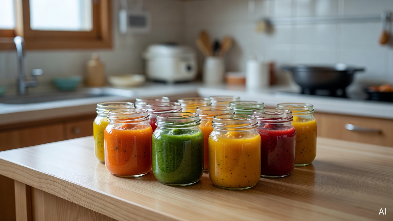 small glass jars of colorful vegetable purees arranged on a kitchen countertop