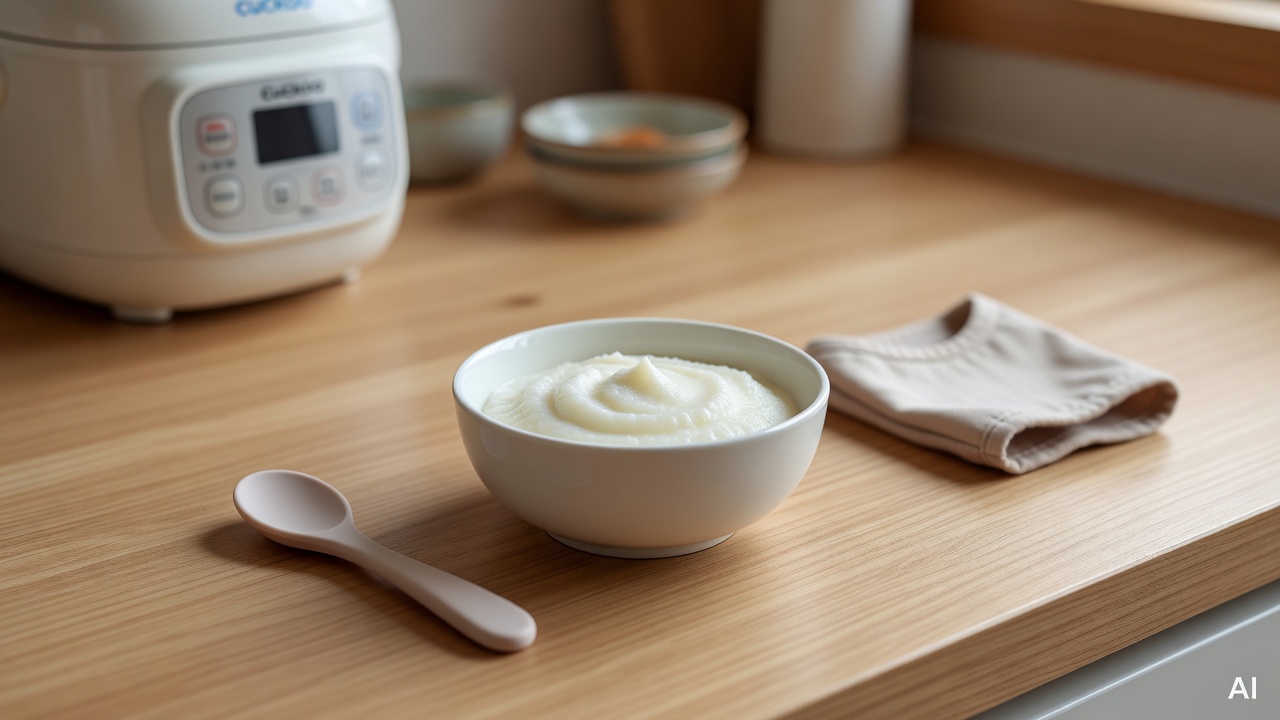 small white ceramic bowl of smooth puree on a wooden kitchen counter, surrounded by a soft spoon and small bib