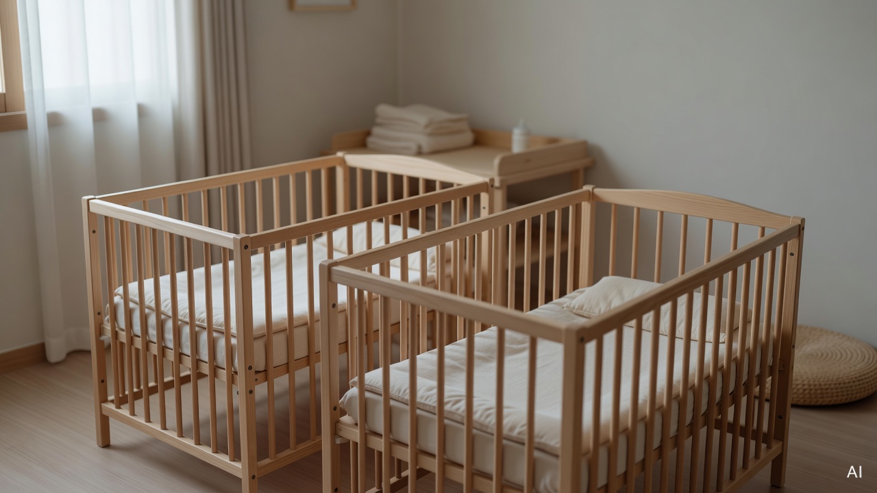 two identical baby cribs side by side in a softly lit nursery room