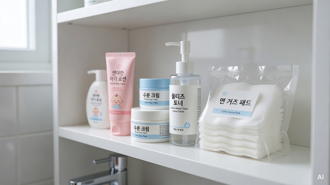 baby skincare products and gauze pads arranged on a white bathroom shelf