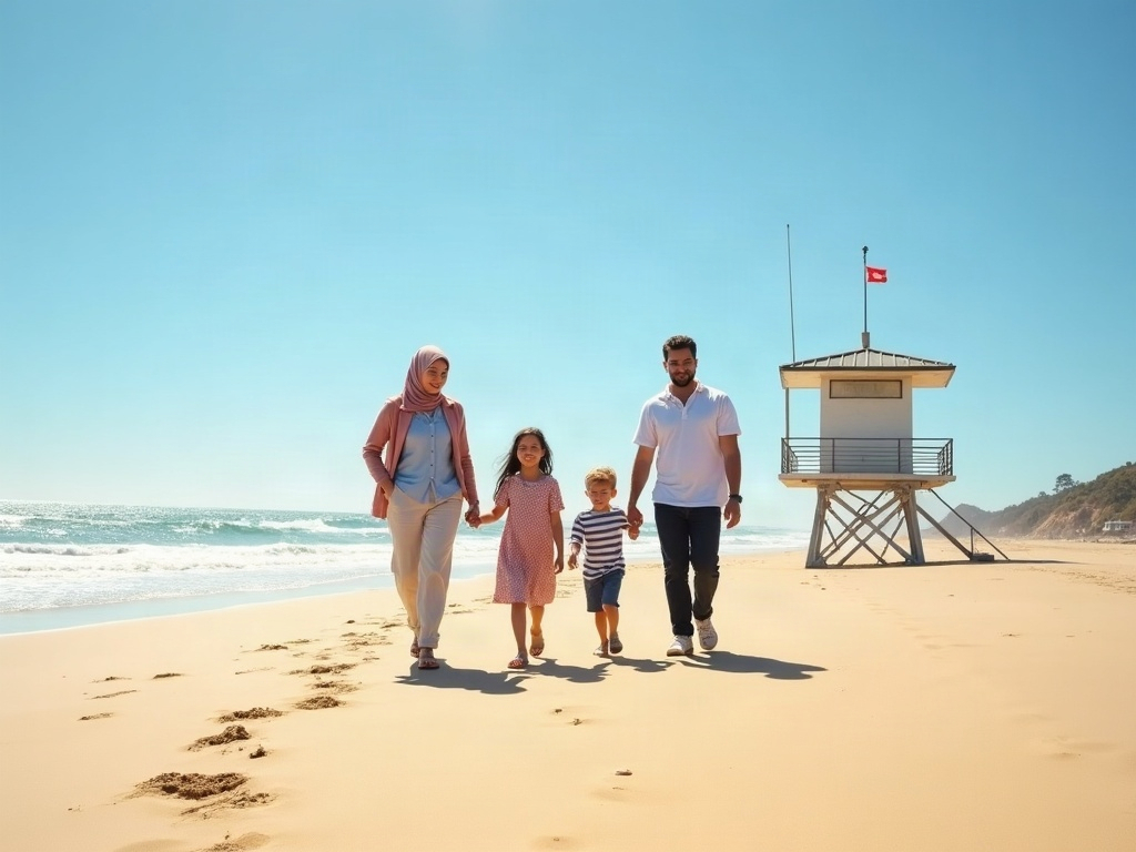 A family enjoying a lifeguard-patrolled beach with a lifeguard tower visible in the background, signifying safety and supervision.