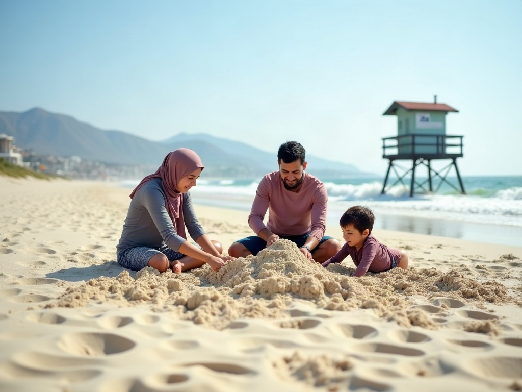 Lifeguards on duty overseeing a beach, illustrating active surveillance and designated swimming areas.