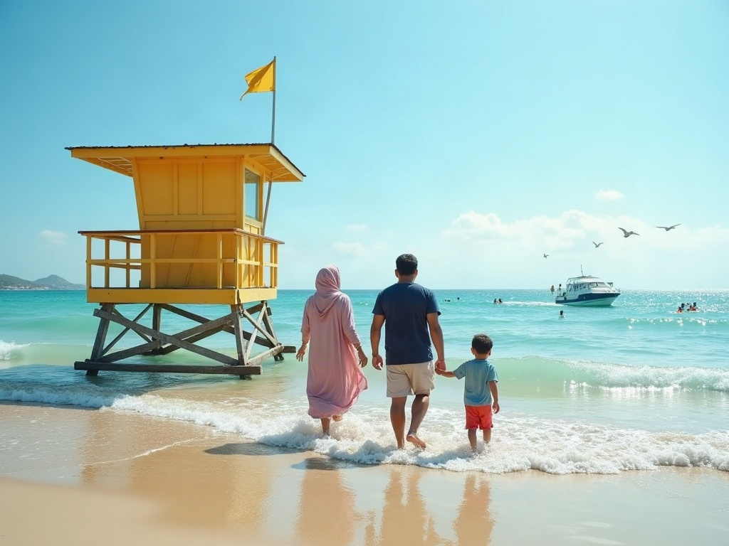 A family swimming safely near a lifeguard tower at a patrolled beach, with clear water.