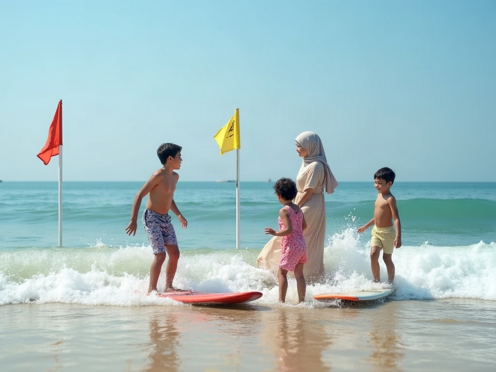 A lifeguard on a tower observing the beach and parents watching their children playing in the sand and water.