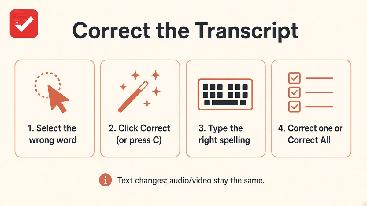Cream-branded teaching graphic: Correcting the Transcript—Highlight word, Correct, Type replacement, Text only