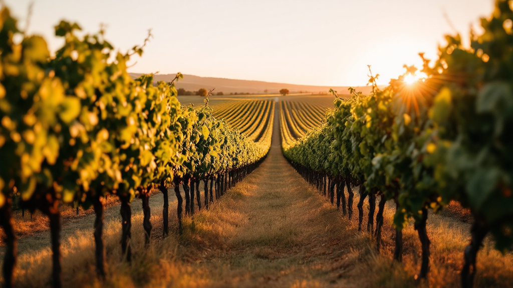 Vineyard rows at Cass Vineyard & Winery in Paso Robles, California, in golden hour light