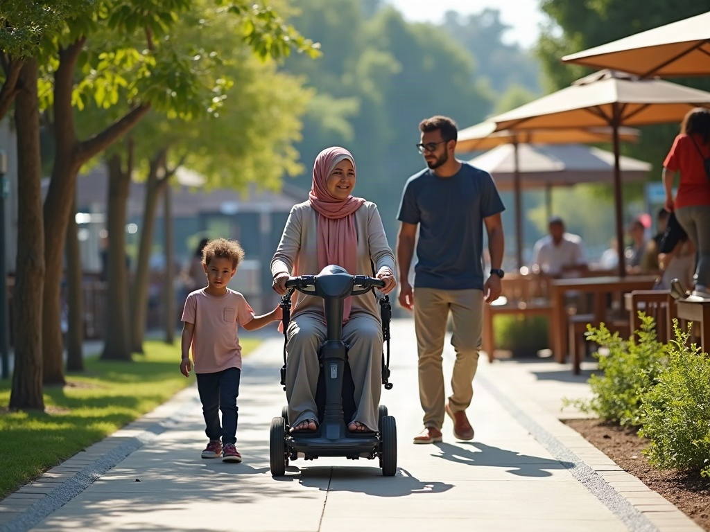 A wide, flat pathway through a theme park, with a family including an ECV user, highlighting accessibility for all generations.