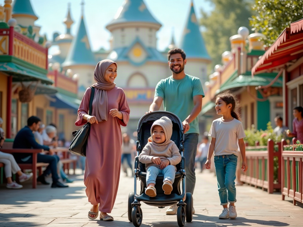 Multigenerational family enjoying a theme park, with grandparents, parents, and children smiling together in front of a themed castle.