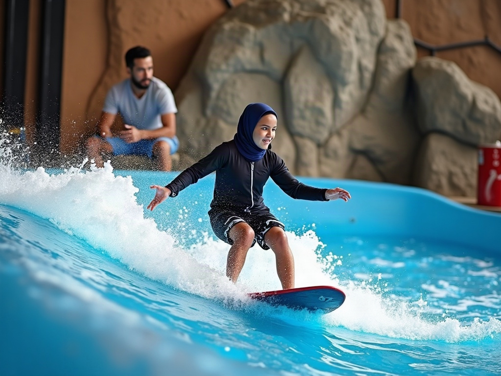Family enjoying diverse water attractions within an Indoor Water Park Destination, showcasing age-segmented slides and play areas.