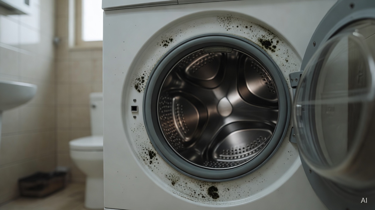 inside of a front-loading washing machine drum with visible dark mold spots around the rubber gasket, bathroom background