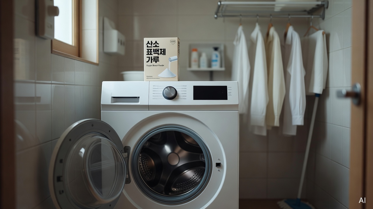 white washing machine with open drum door and a box of oxygen bleach powder on top, laundry room background