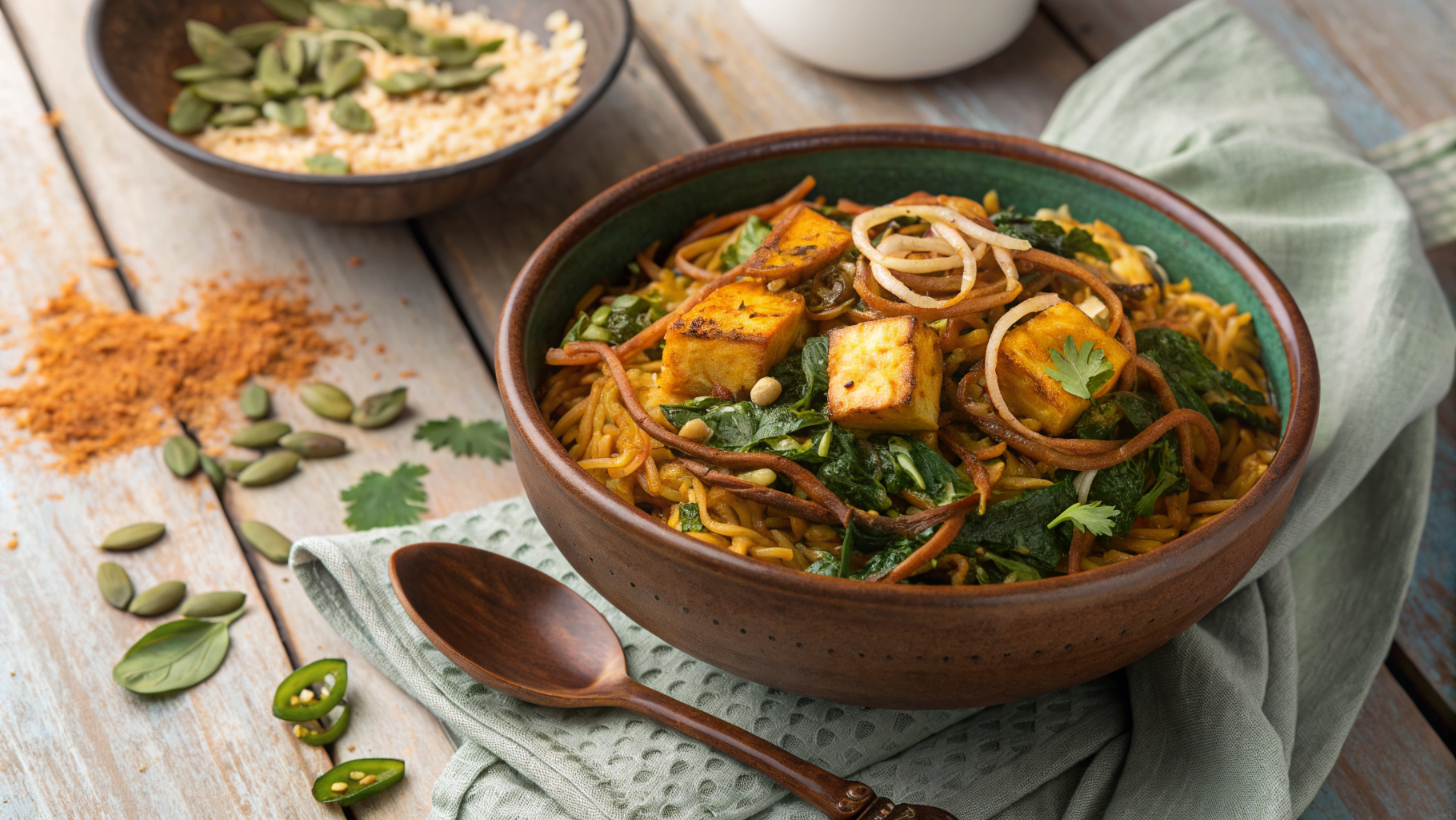 Overhead shot of Paneer Makhani Biryani with Spinach in a copper bowl, garnished with fried onions and coriander.
