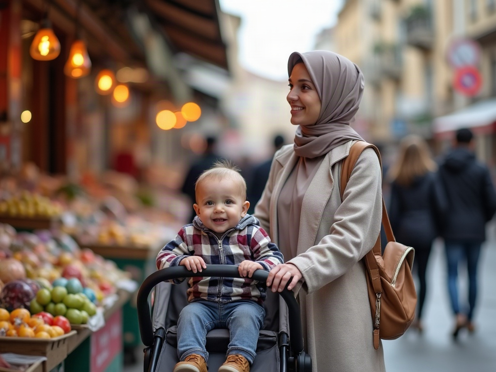 A infographic comparing different cities based on stroller-friendly metrics like public transport accessibility, pedestrian safety, and green spaces.