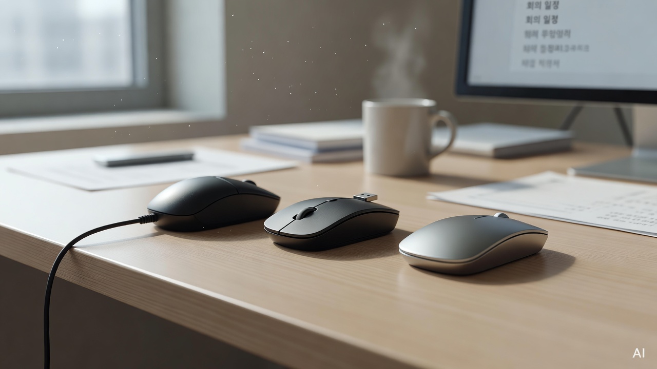 three different office mice lined up on a desk — one wired, one with dongle, one slim bluetooth model