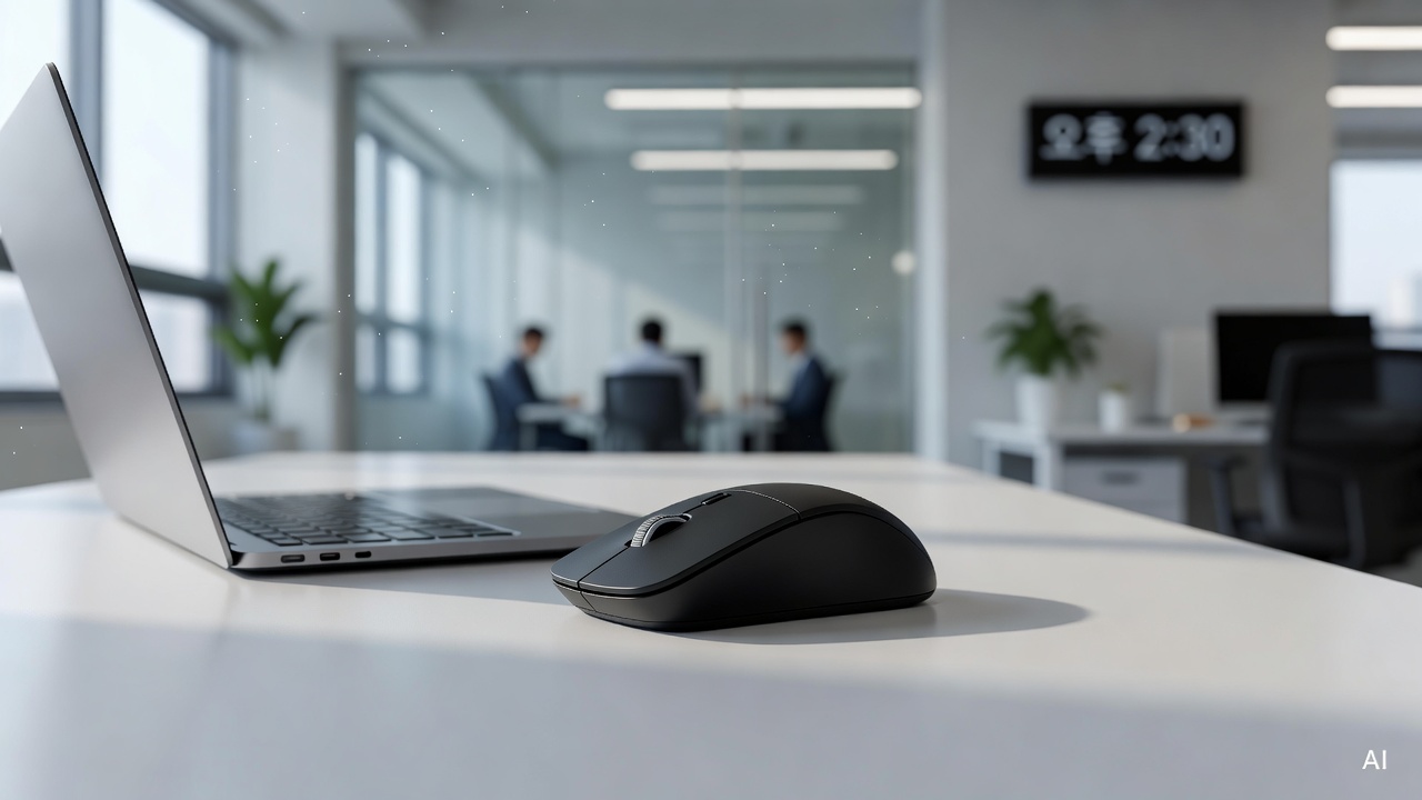 wireless office mouse placed on a clean white desk next to a laptop
